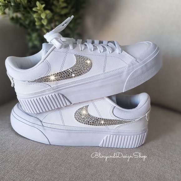 Women's Nike Court Legacy Lift White Sneakers Customized With Clear Crystals - Picture 5 of 8
